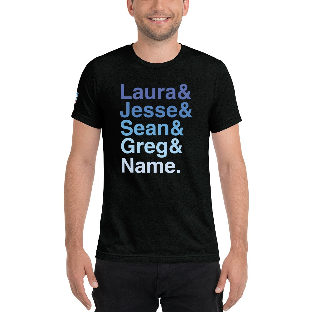 The back and front of the FOX News Personalized Ampersand Tri-Blend T-Shirt showing its high-quality construction and unisex fit.