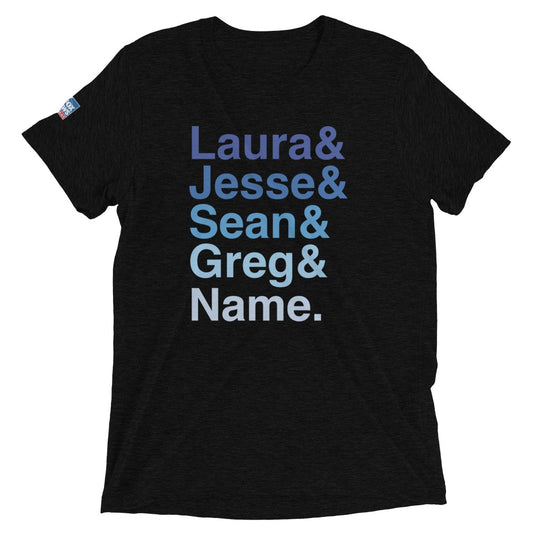 A crisp FOX News Personalized Ampersand Tri-Blend T-Shirt in Solid Black displayed in a clean, modern American home setting.