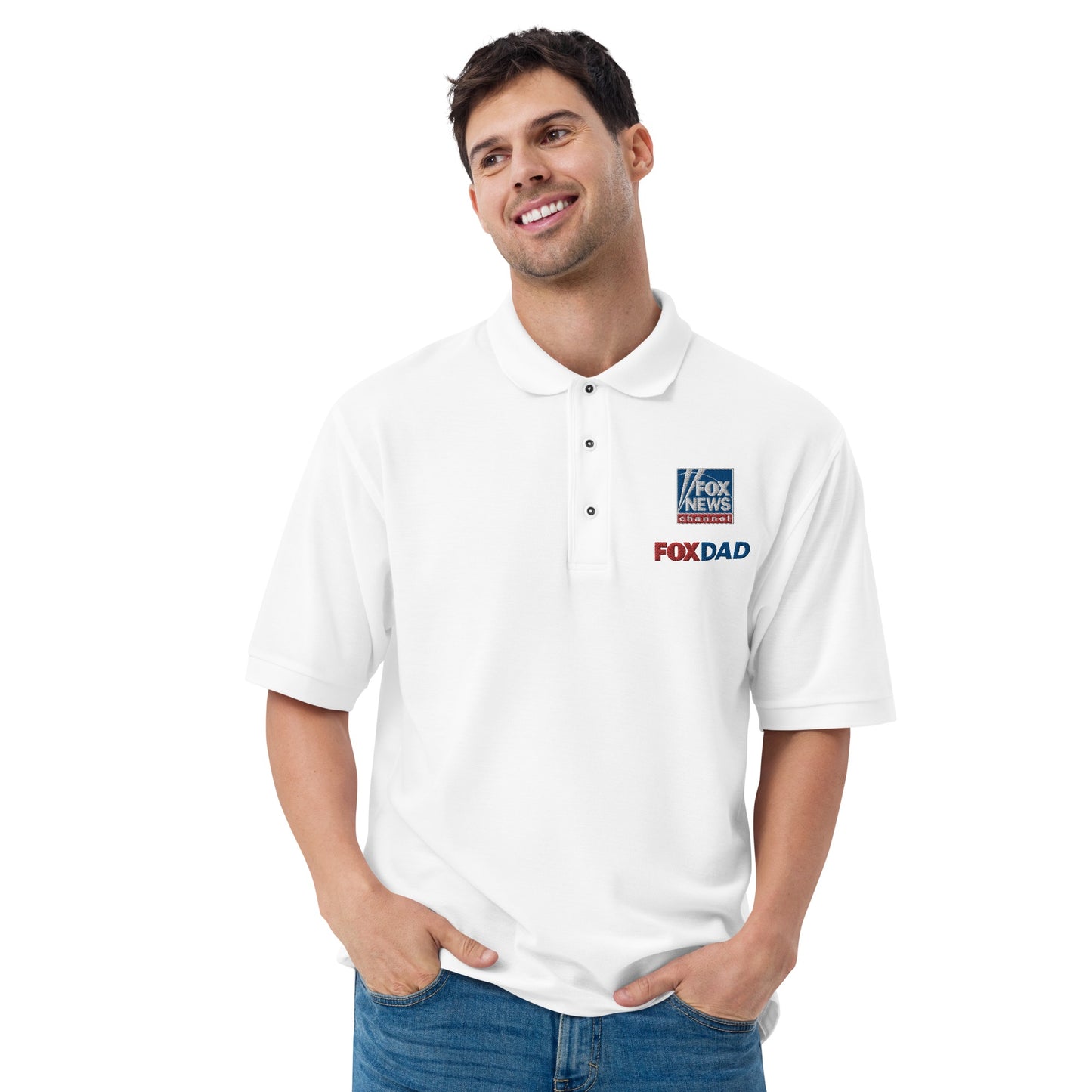 A clean apparel display shot of the FOX News Dad Embroidered Polo Shirt emphasizing its breathable fabric and traditional polo styling.