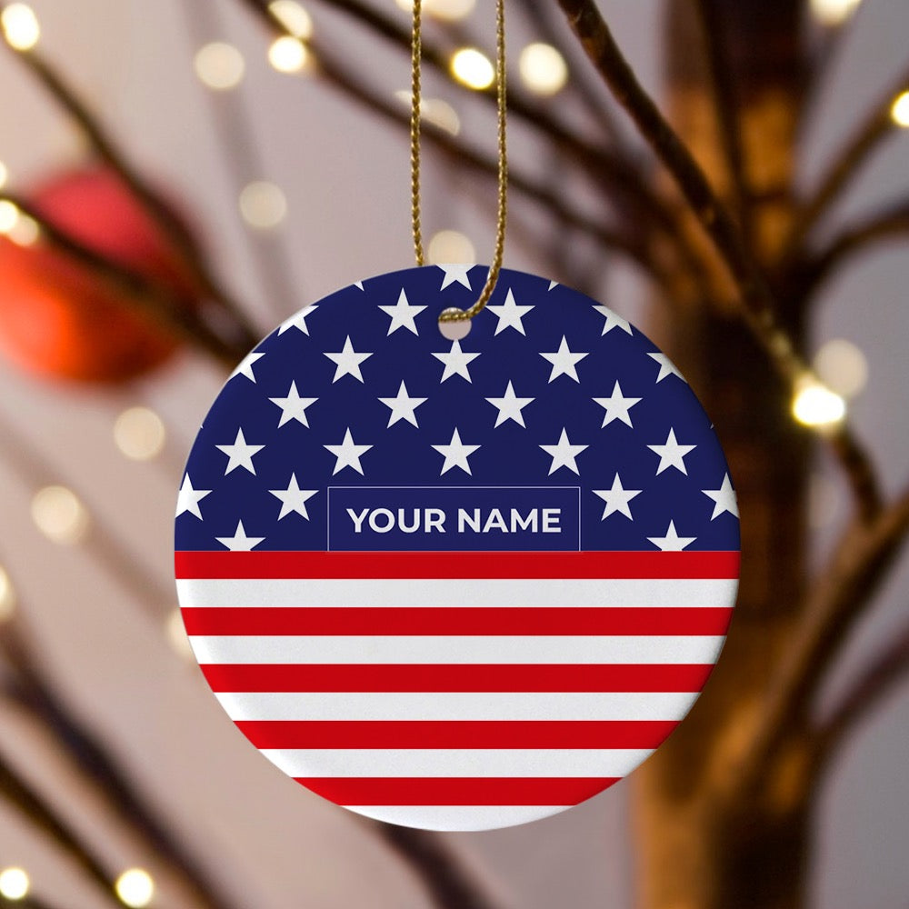 A patriotic round ornament displayed in a bright American living room during the holiday season.