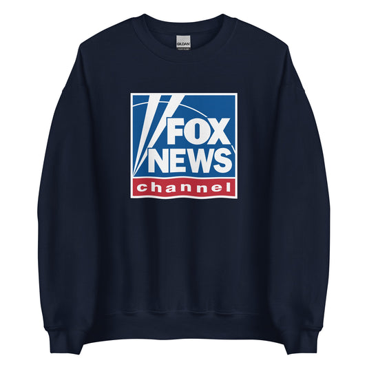 A man in a suburban backyard setting wearing a Navy FOX News Logo Crewneck Sweatshirt.