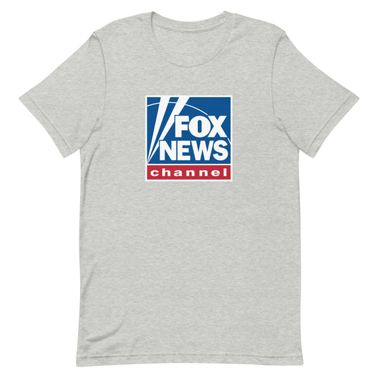 A man wearing the FOX News Logo T-Shirt in Athletic Heather standing in a bright American backyard setting.