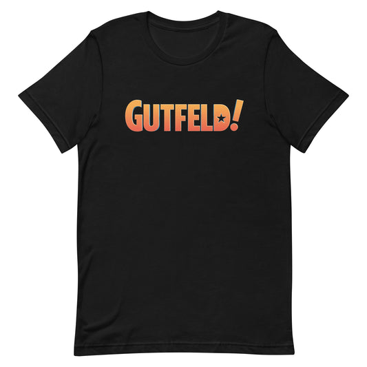 A crisp front-facing view of the black Gutfeld! Logo T-Shirt featuring the iconic show logo in the center.