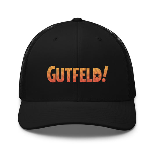 Official Gutfeld! Logo Embroidered Retro Trucker Hat in Black with white mesh back.
