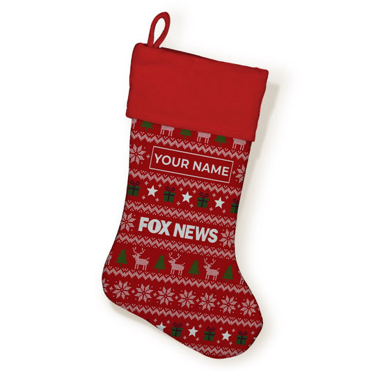 A festive red *FOX News* Personalized Holiday Stocking hanging on a clean American fireplace mantle.