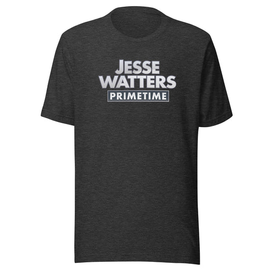 A man in a clean American backyard setting wearing the Navy Jesse Watters Primetime Logo T-Shirt featuring a white logo on the chest.