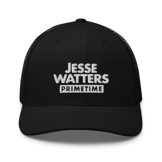 Front view of the Jesse Watters Primetime embroidered retro trucker hat displayed in a modern American living room setting.