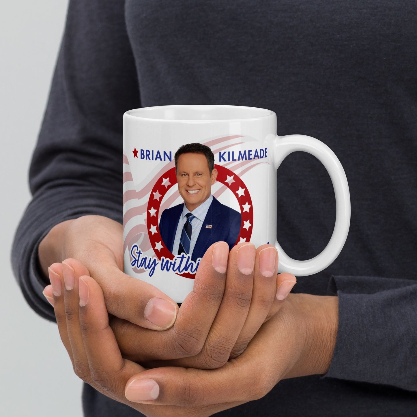 Side view of the 11 oz white ceramic mug featuring the One Nation with Brian Kilmeade branding.