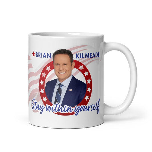 A crisp FOX News One Nation with Brian Kilmeade White Mug sits on a clean American kitchen table during a sunny morning.