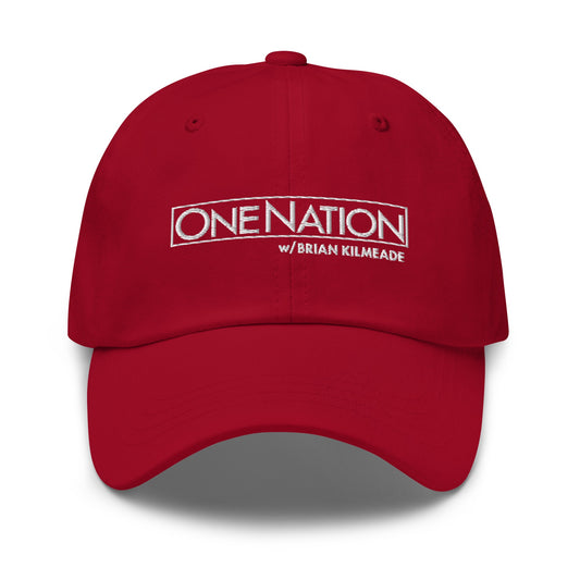A crisp, front-facing product shot of the FOX One Nation Embroidered Dad Hat displayed against a clean background, highlighting the detailed stitching.