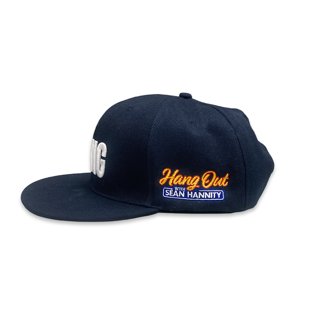 Close-up view of the white HANG embroidery on the front of the navy Sean Hannity hat, showcasing the professional stitching and quality.