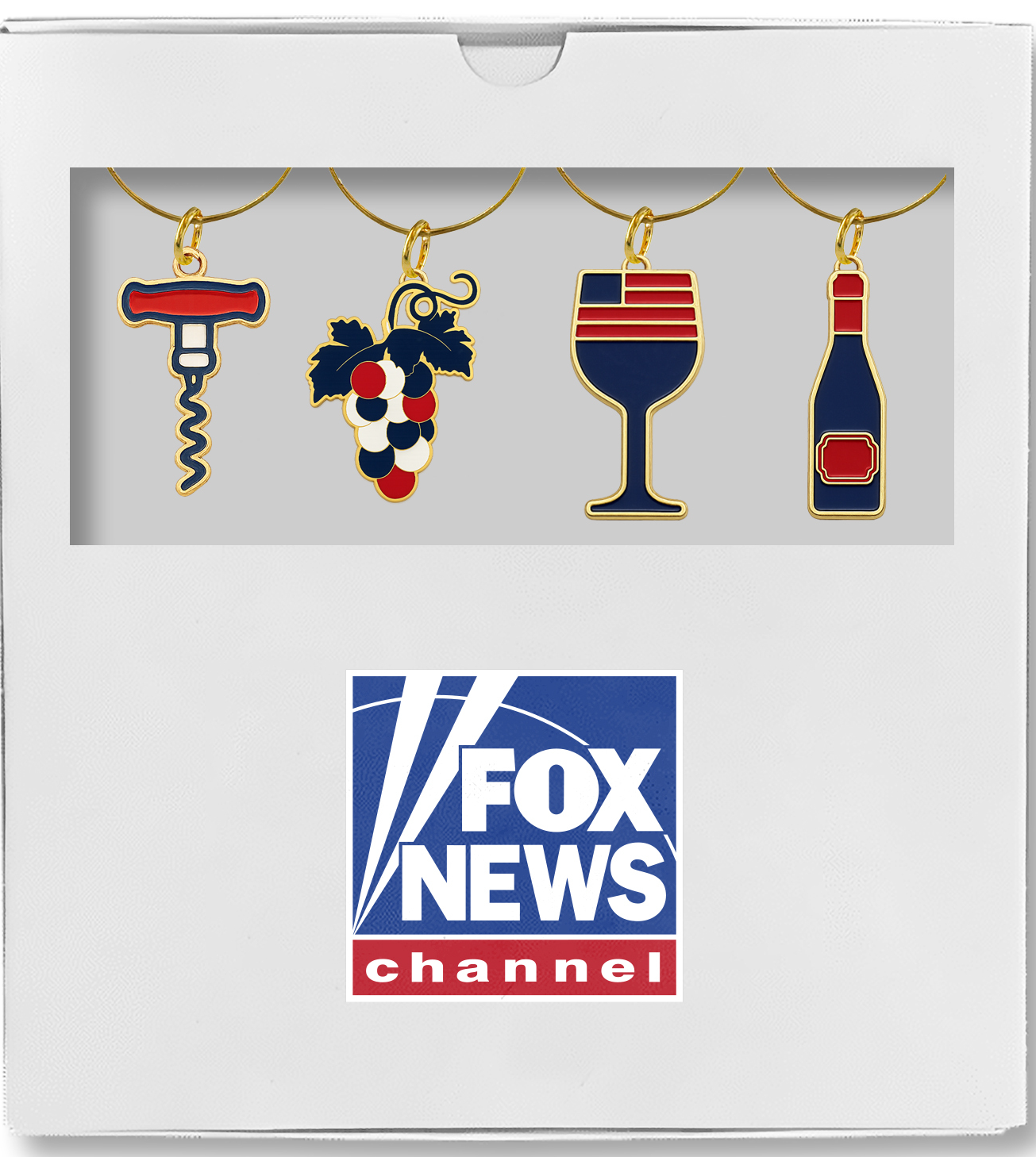 A close-up of a *FOX News* wine charm attached to the stem of a glass in a cozy, patriotic American home setting.