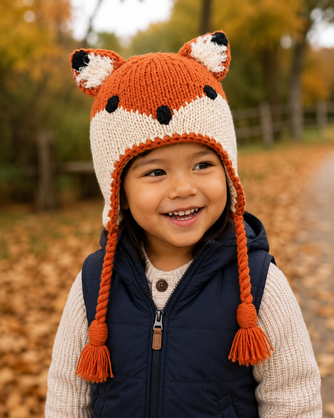 Front view of a cozy hand knit winter beanie in classic colors featuring a snug fit for kids