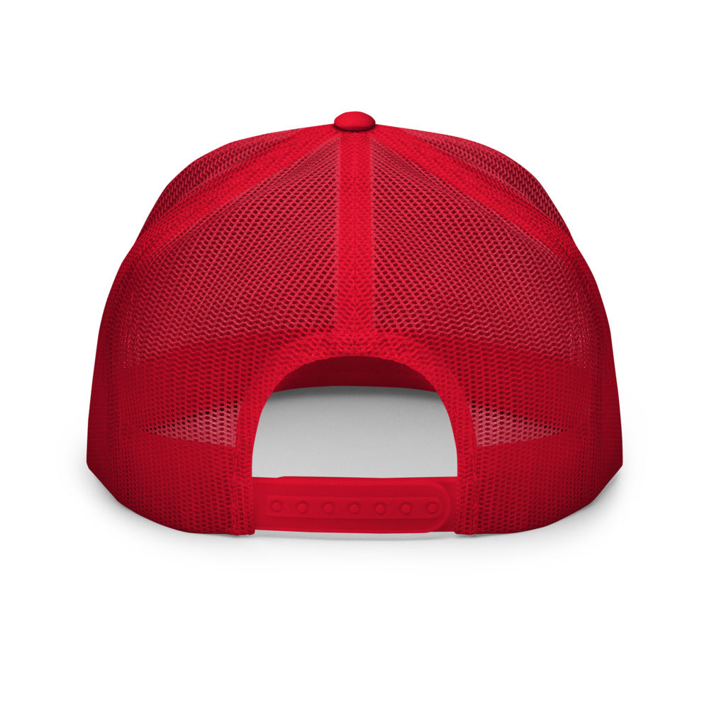 Rear view of the FOX News trucker hat showing the adjustable snapback closure and breathable mesh panels in a comfortable backyard setting.