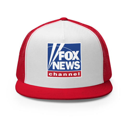 FOX News logo trucker hat displayed against a clean American living room background, highlighting the structured front panel and crisp network branding.