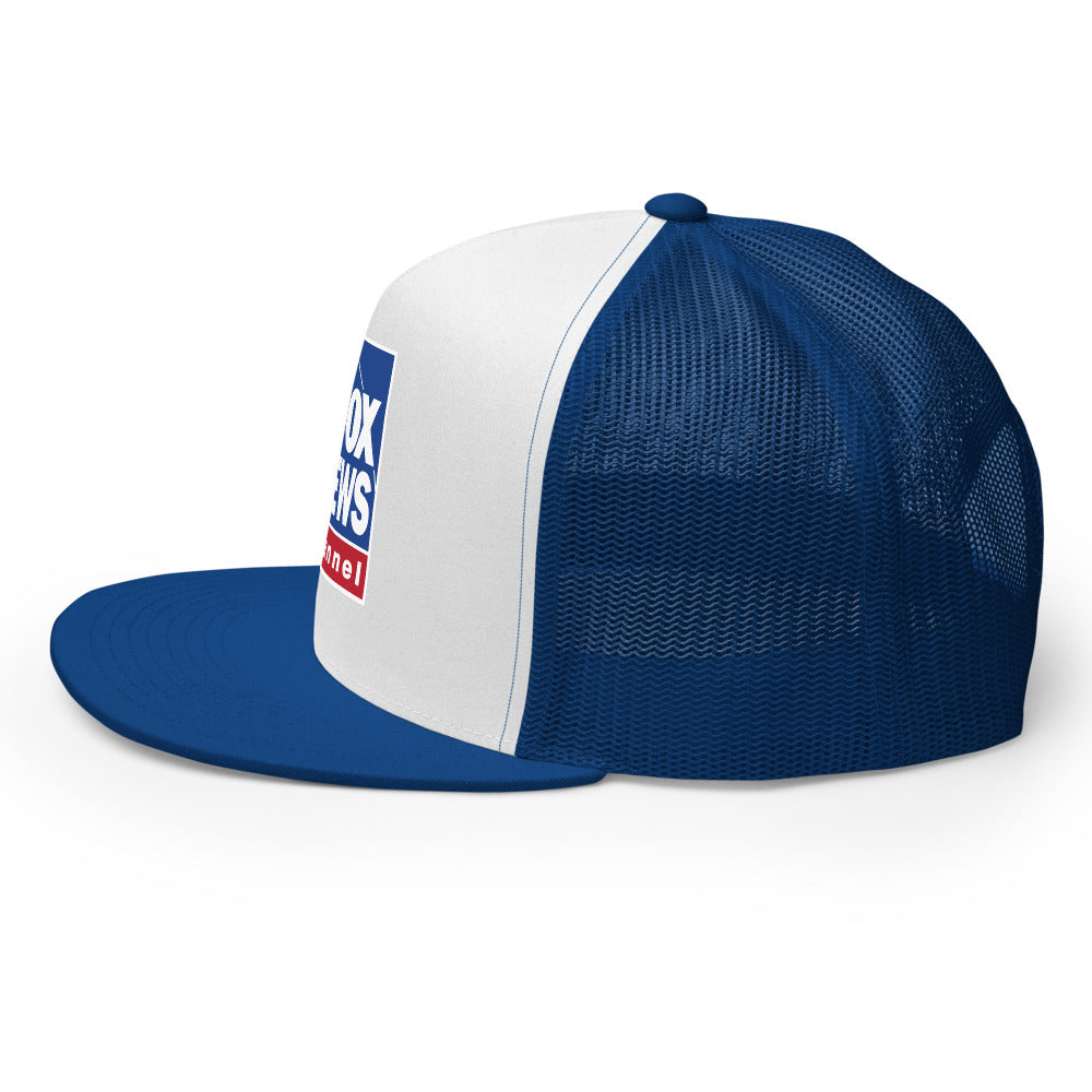 Lifestyle image of an everyday American wearing the FOX News logo trucker hat outdoors on a sunny day.