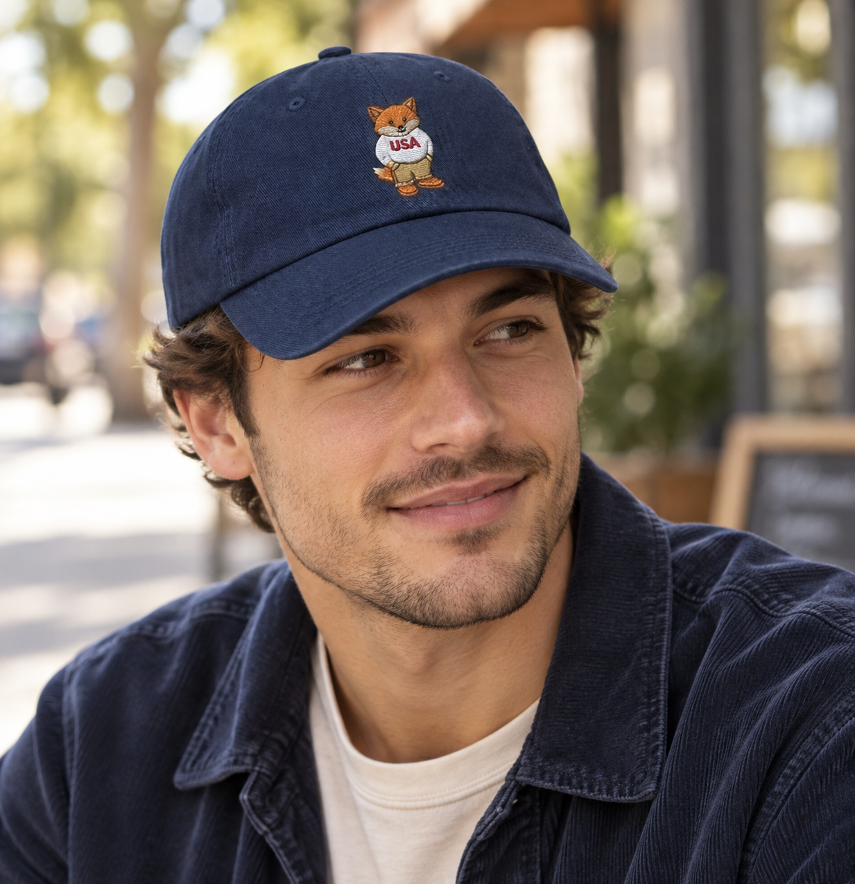 Side profile of the embroidered FOX News USA hat highlighting the structured panel design and adjustable strap