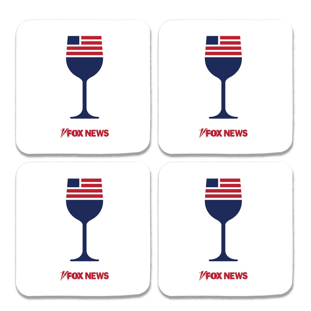 Close up of a FOX News wine coaster with the iconic network logo clearly visible, resting next to the mahogany storage base.