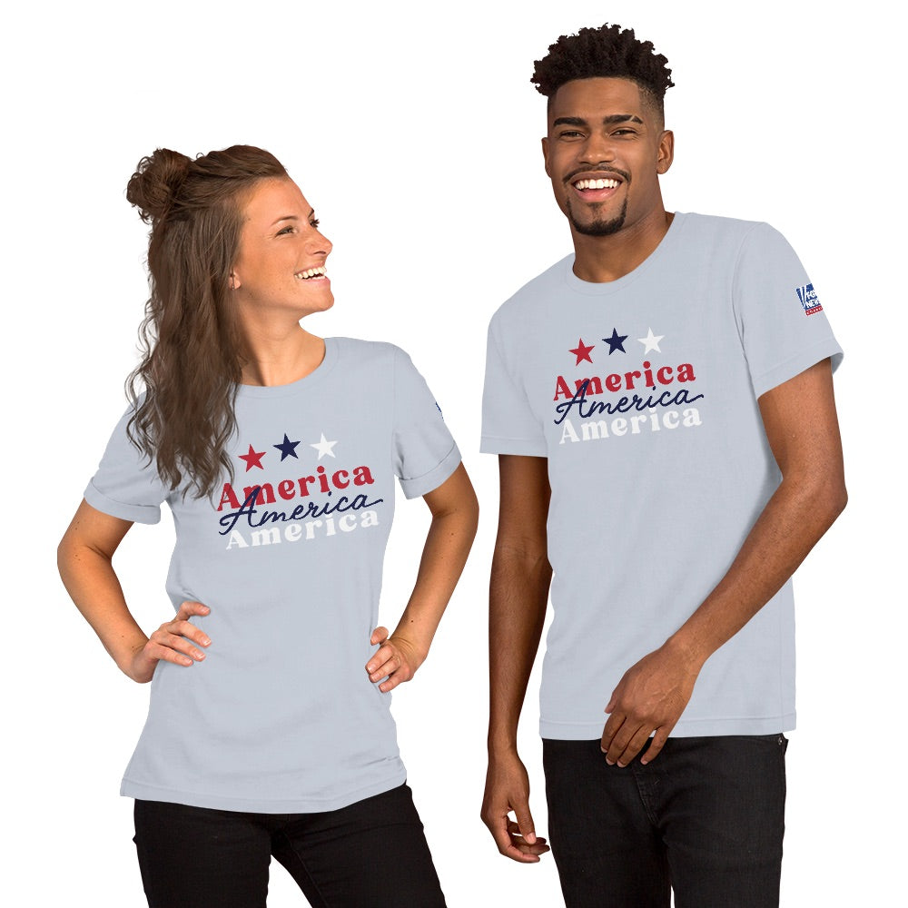 An everyday lifestyle view of the athletic heather FOX News t-shirt displayed in a clean suburban backyard morning coffee setting.