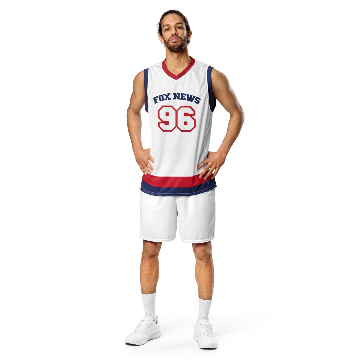 A woman styling the *FOX News* sports jersey with casual jeans in a clean, modern American home.