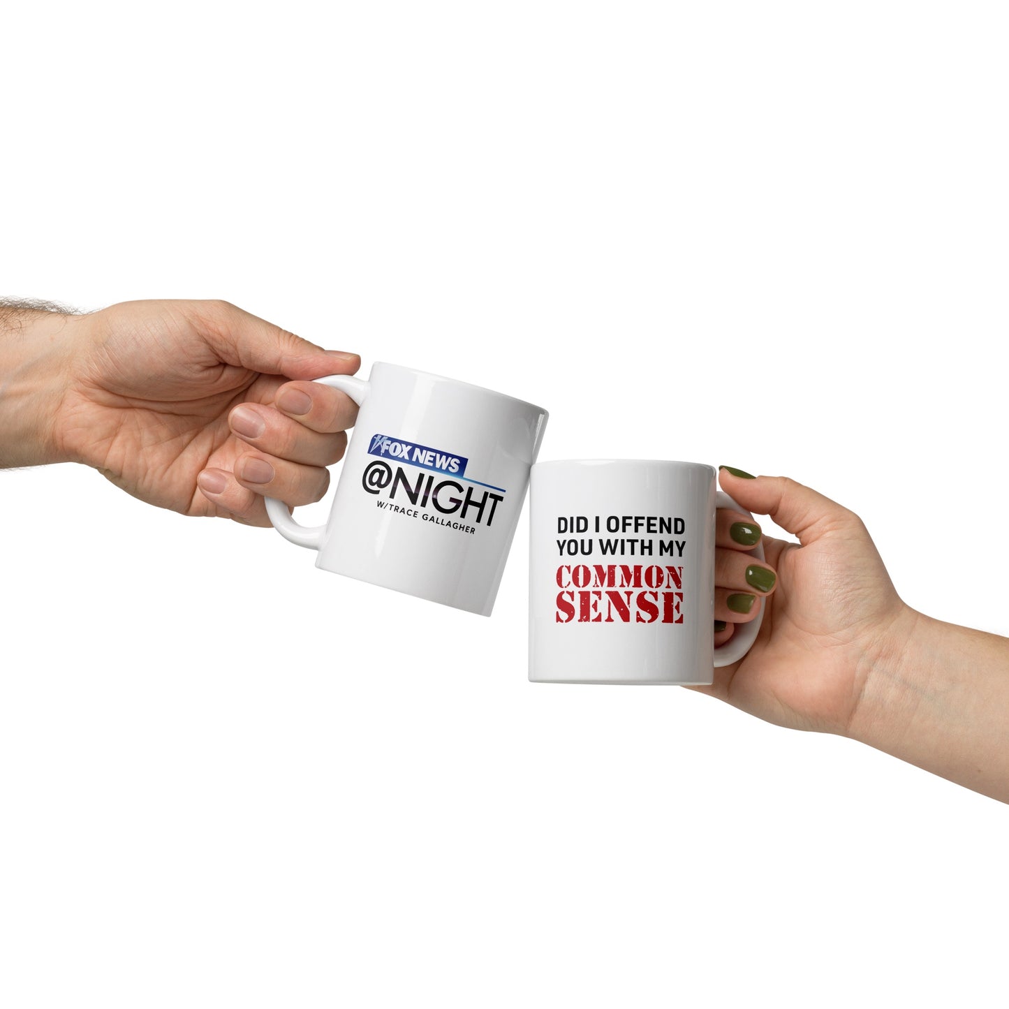 A close-up shot of the FOX News @ Night Common Sense Mug emphasizing its high-quality ceramic construction and sharp typography.