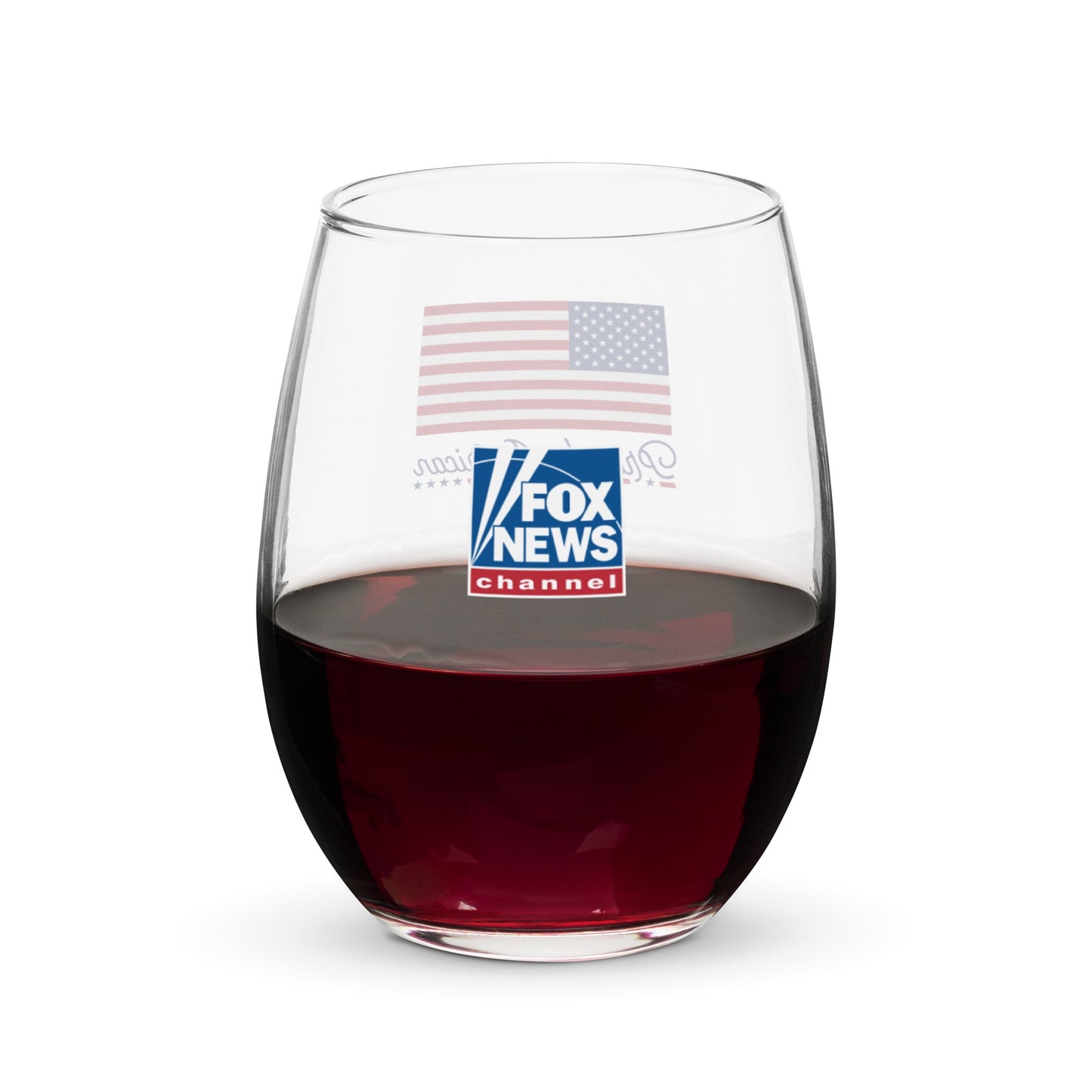 Close-up of the FOX News Proud American design on a 15 oz stemless wine glass in a clean, modern home setting.