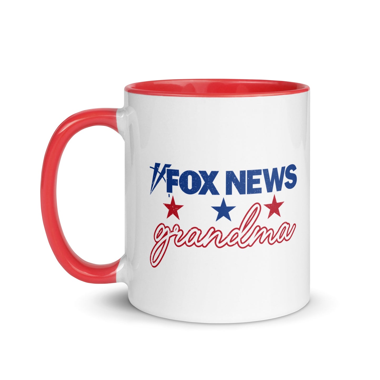 A patriotic grandmother enjoying coffee from her personalized *FOX News* mug in a cozy suburban living room.