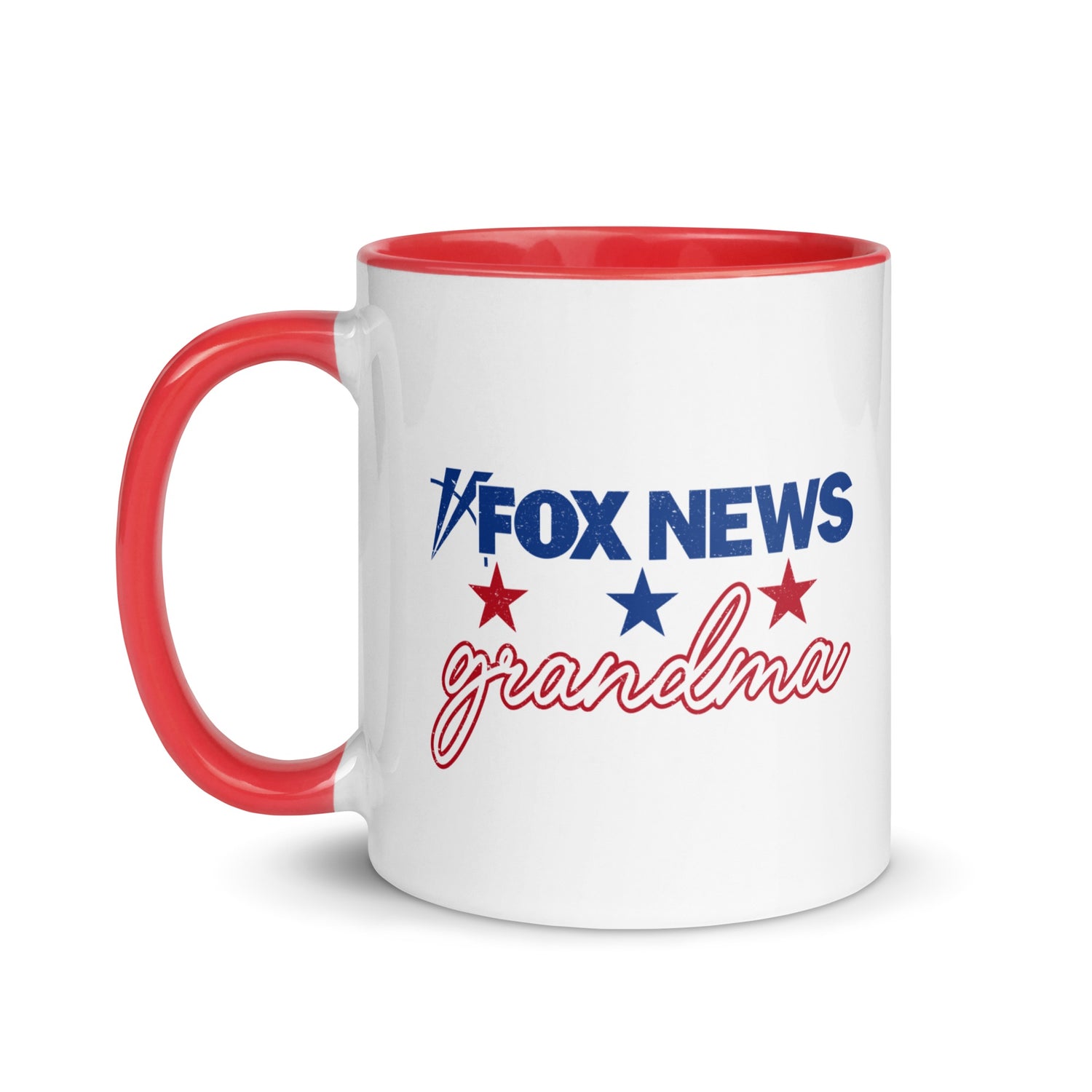 A patriotic grandmother enjoying coffee from her personalized *FOX News* mug in a cozy suburban living room.