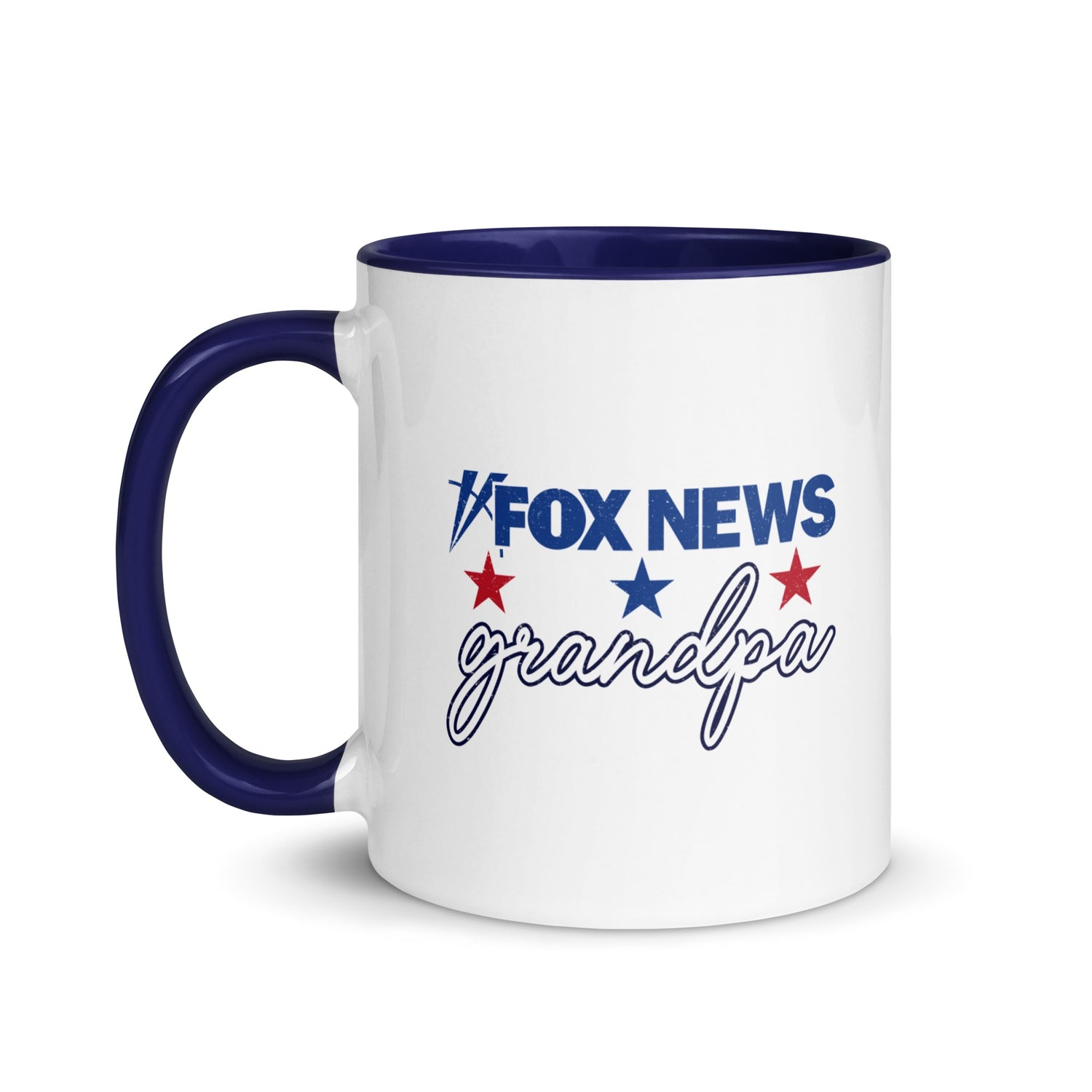 A grandpa holding his personalized *FOX News* mug while sitting in a comfortable living room chair.