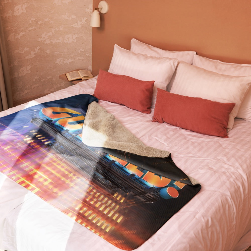 A bright, patriotic living space setting with the Gutfeld! Sherpa Blanket accentuating the room's comfortable, American-inspired decor.