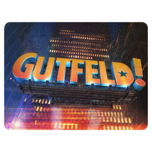 A cozy American living room featuring the Gutfeld! Logo Sherpa Blanket draped neatly over a comfortable couch, showcasing the crisp show logo.