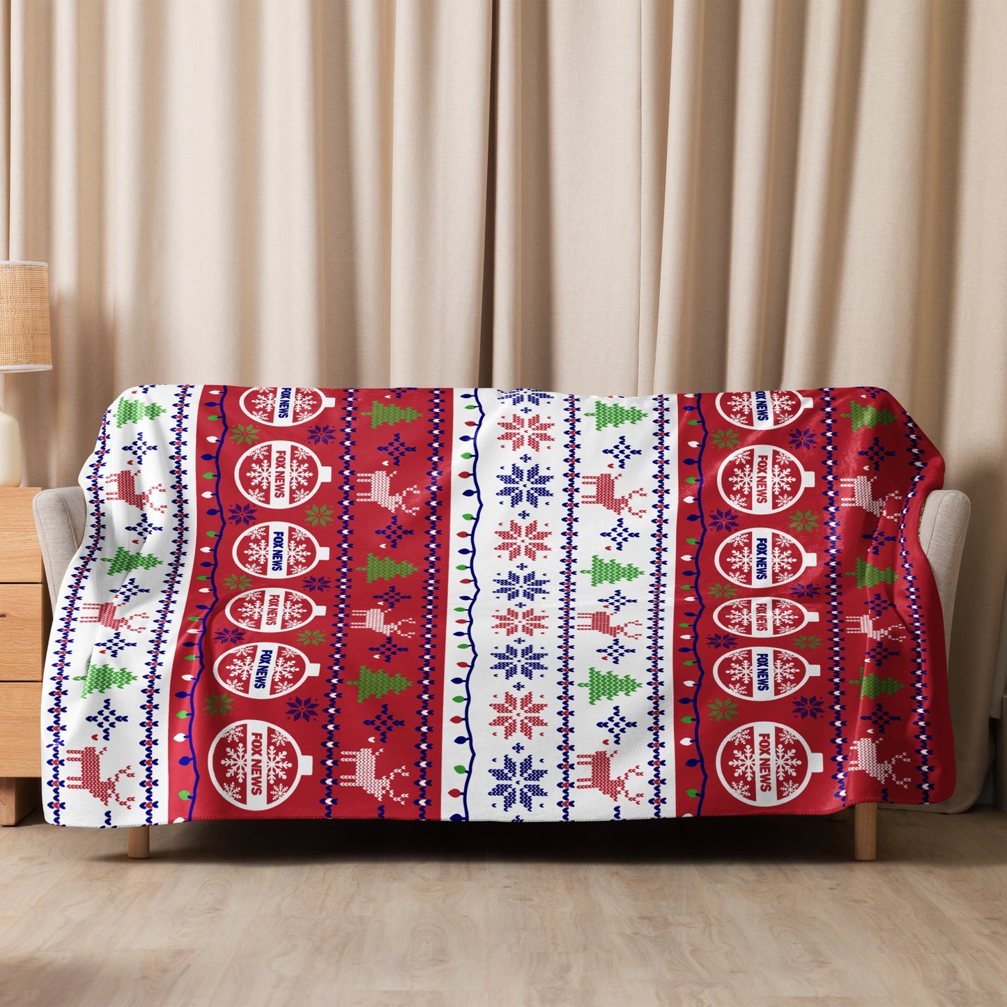 Close-up shot of the FOX News Holiday Sherpa Blanket showcasing the plush texture and crisp holiday styling.
