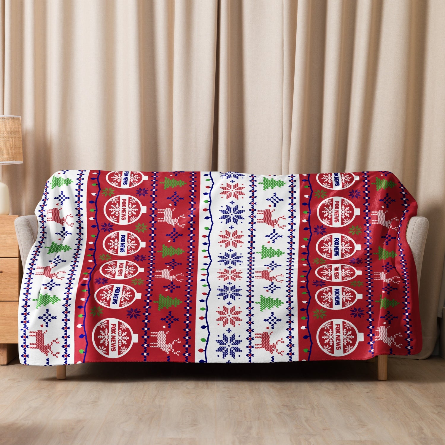 Close-up shot of the FOX News Holiday Sherpa Blanket showcasing the plush texture and crisp holiday styling.