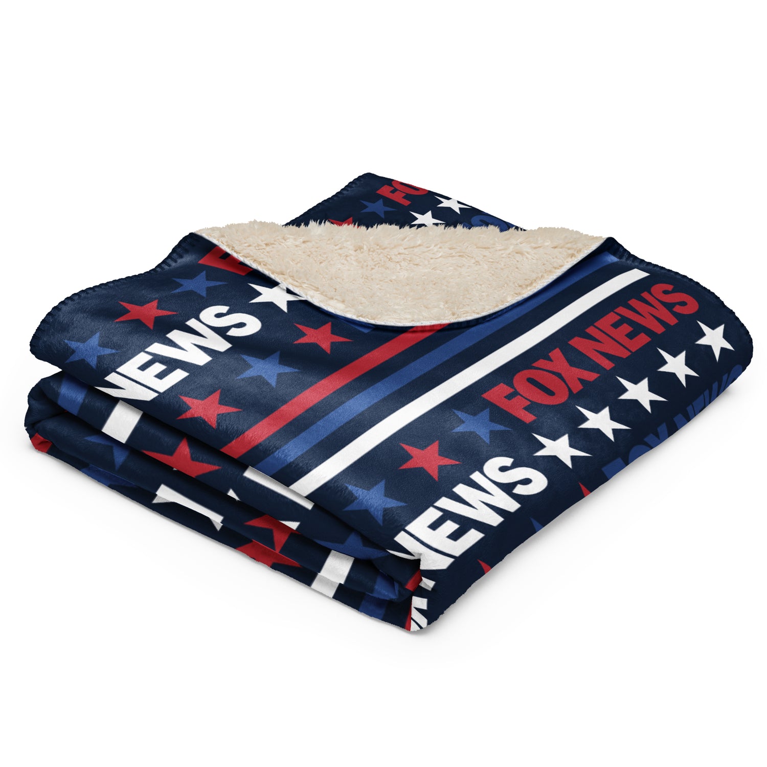 Close-up shot of the plush sherpa texture and crisp FOX News logo on the cozy throw blanket.