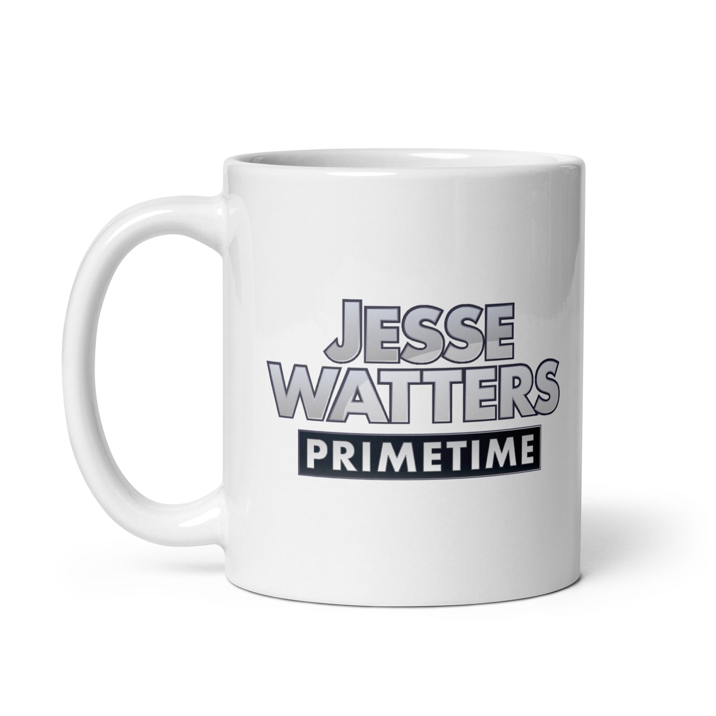 A personalized Jesse Watters Primetime 11oz logo mug on a clean American kitchen counter.