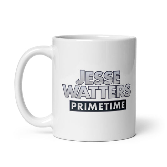 A personalized Jesse Watters Primetime 11oz logo mug on a clean American kitchen counter.
