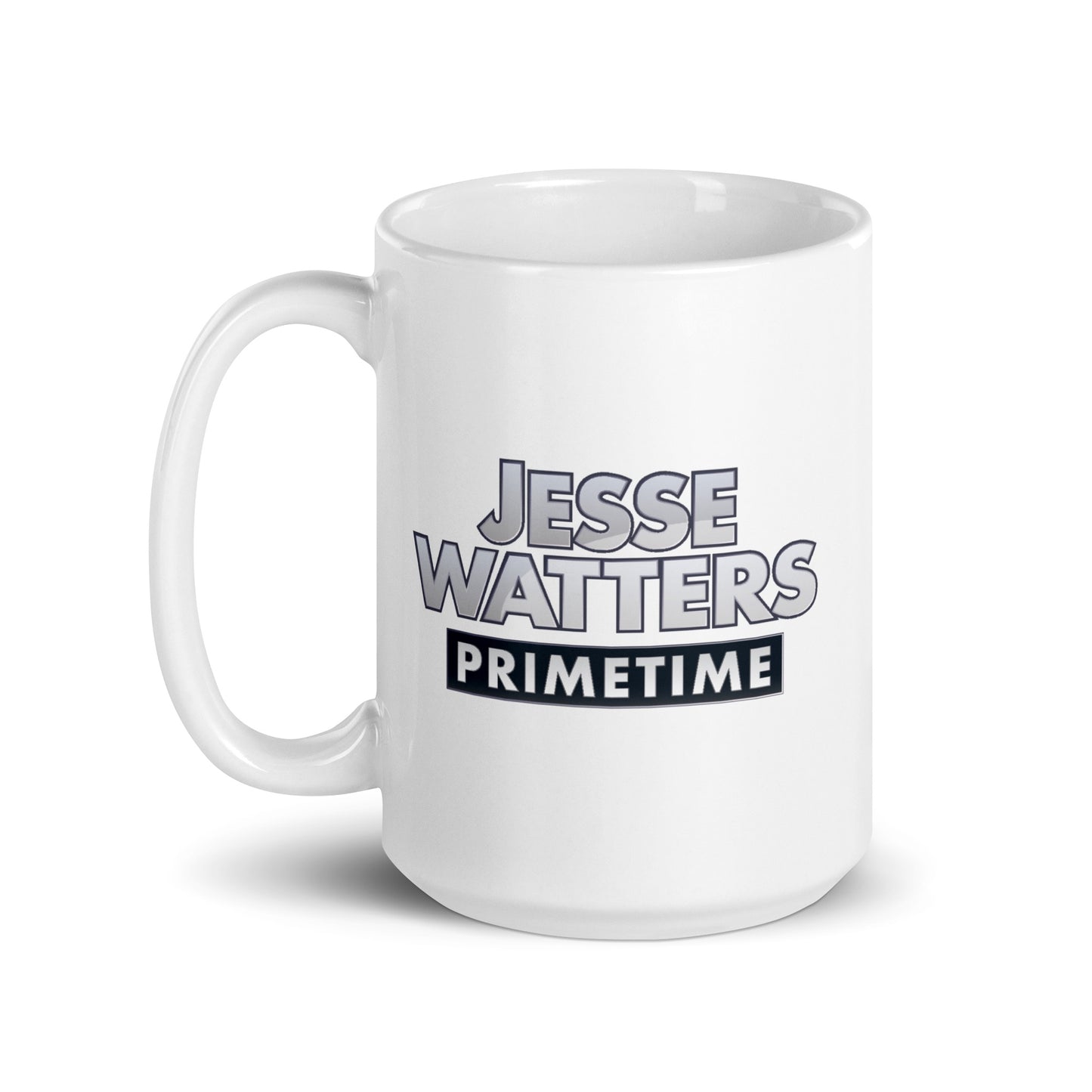 A personalized Jesse Watters Primetime logo mug on a clean white kitchen counter in a suburban American home.