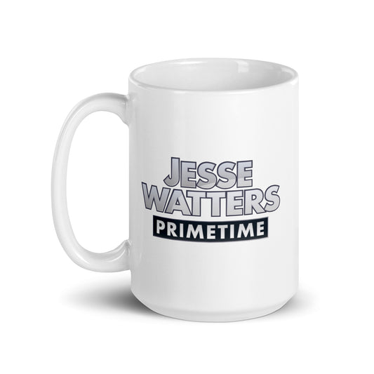 A personalized Jesse Watters Primetime logo mug on a clean white kitchen counter in a suburban American home.