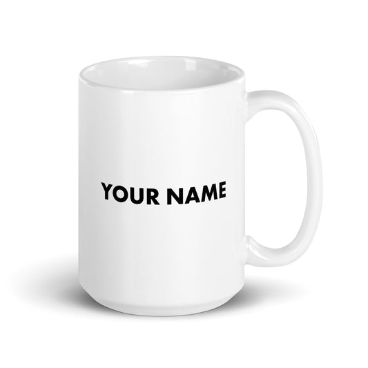 Close up of the 15oz white ceramic Jesse Watters Primetime logo mug showing the crisp FOX News show branding.