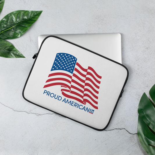 A high-quality white laptop sleeve featuring the bold Proud American logo and FOX News branding in a suburban home setting.