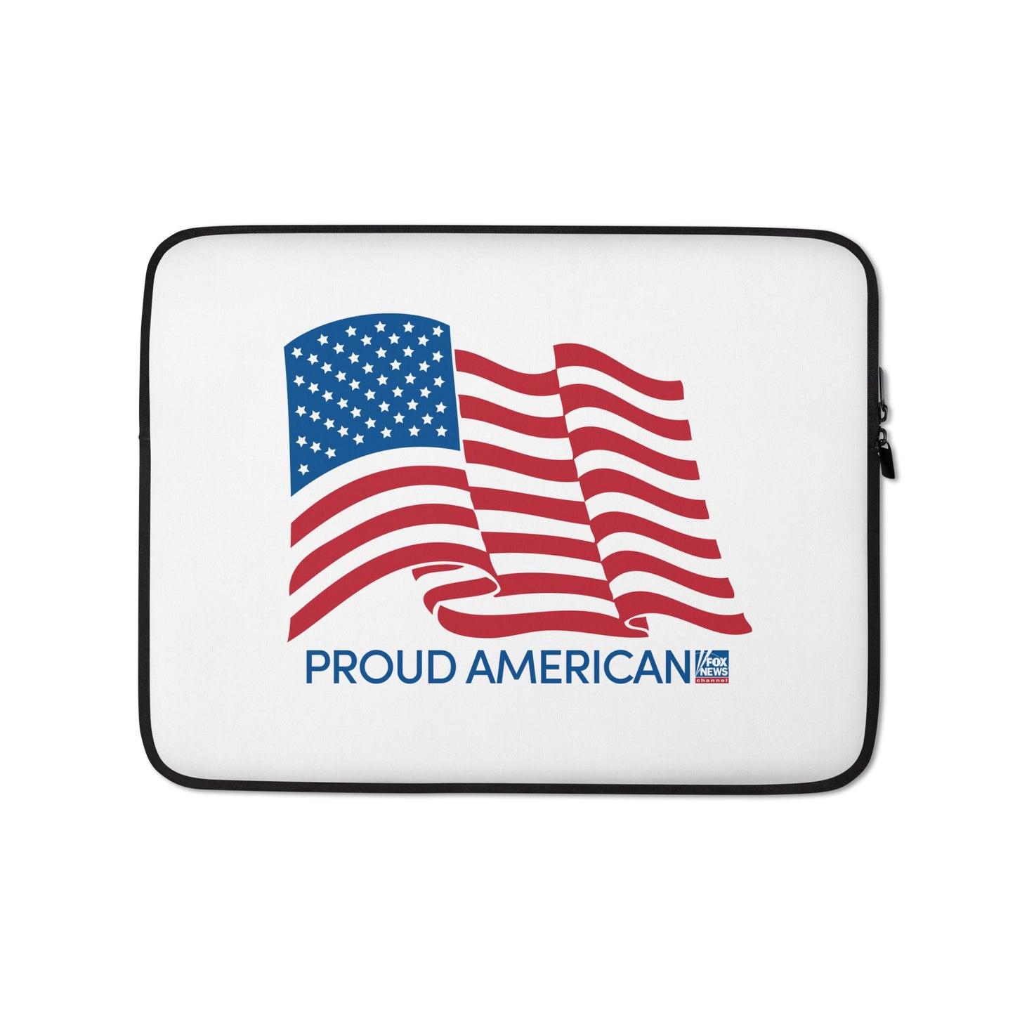 A FOX News Proud American Laptop Sleeve resting on a clean, modern American mahogany desk next to a morning cup of coffee.
