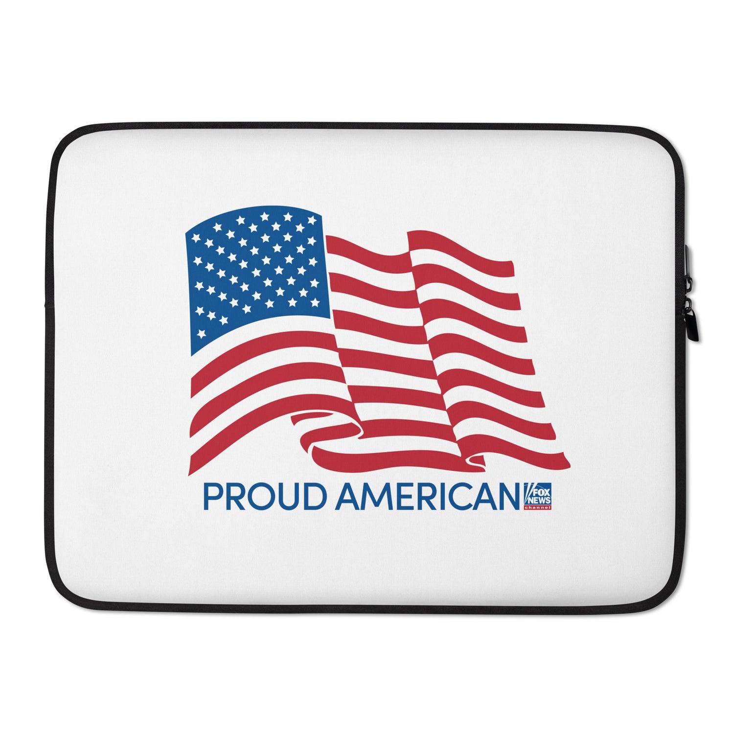 The FOX News Proud American tech case displayed on a wooden table, emphasizing its protective padding and sleek design.