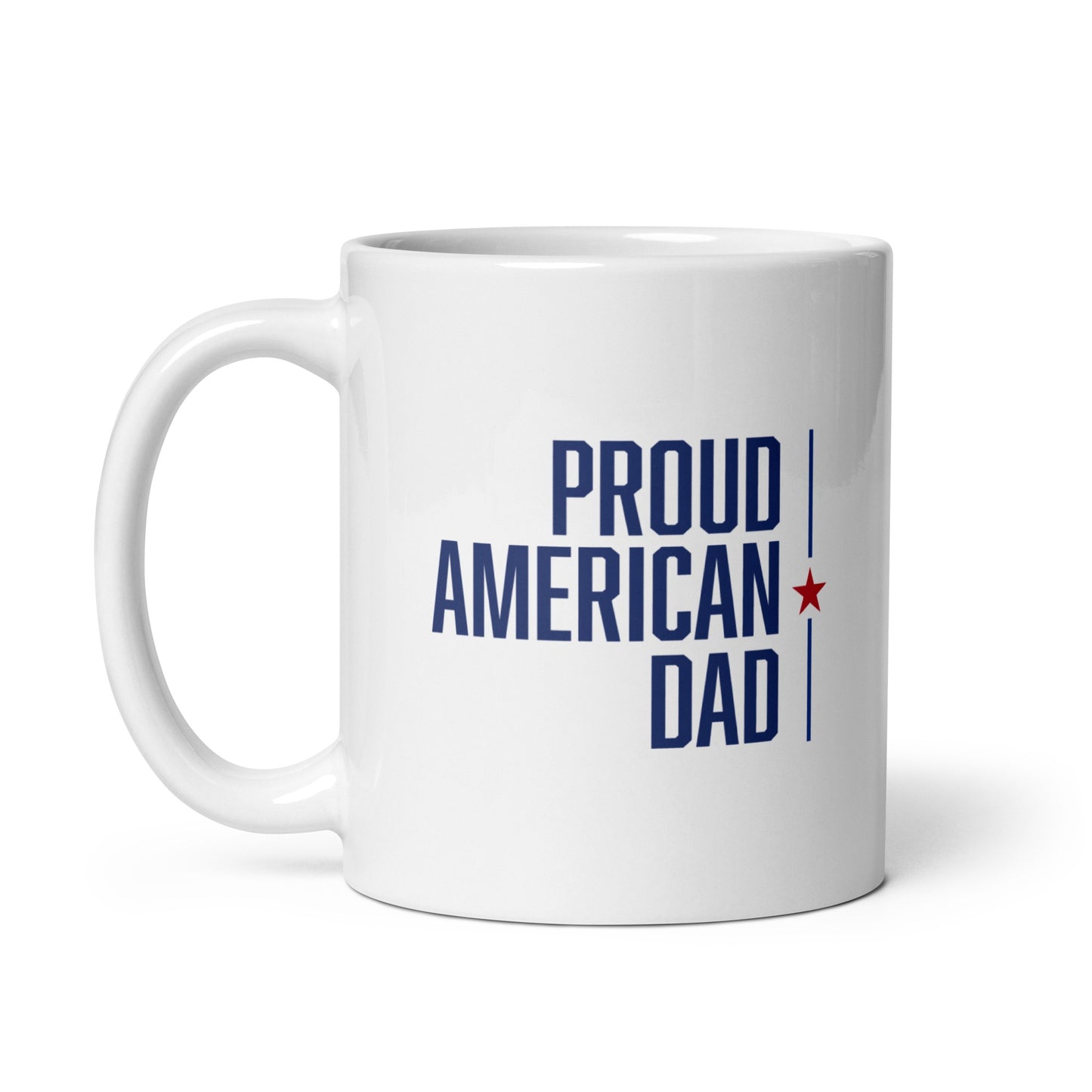A crisp white *FOX News* *Proud American* Dad Mug sitting on a clean wooden kitchen table in a bright, modern American home.
