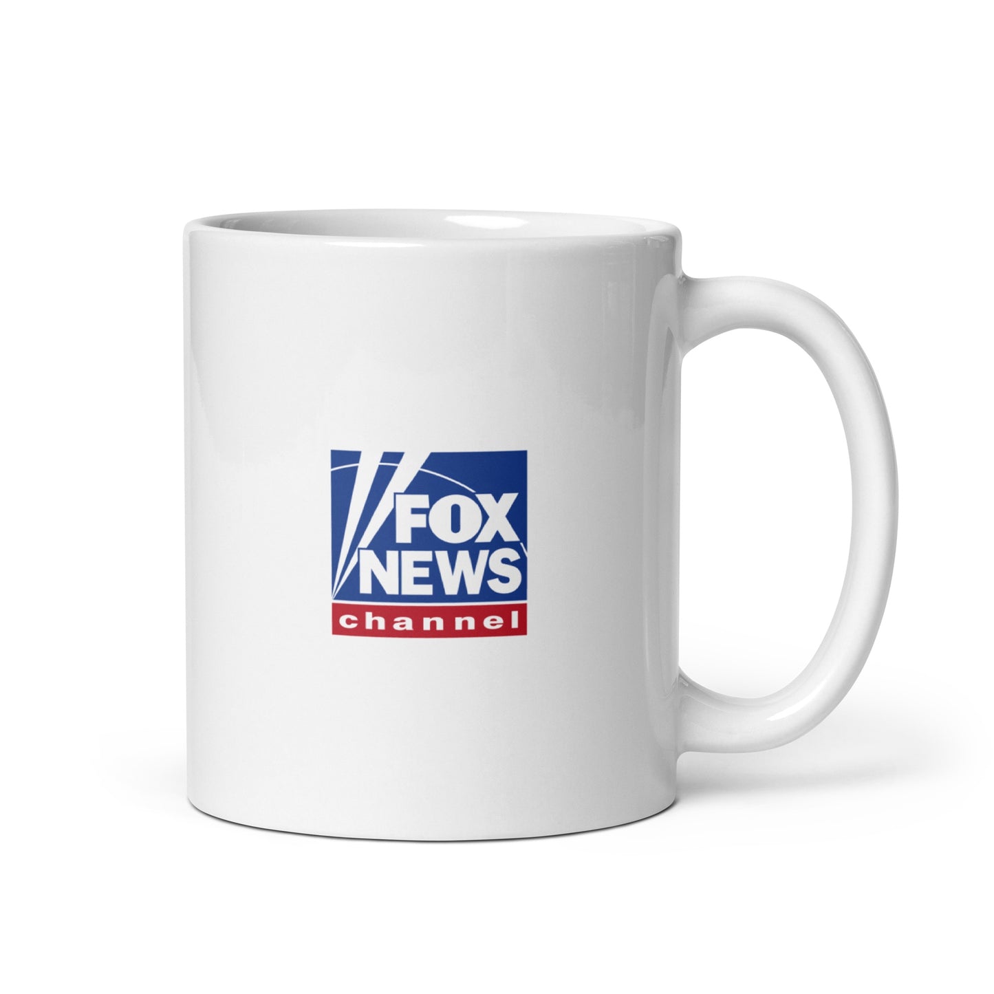 Close-up view of the high-quality *FOX News* logo and *Proud American* Dad design printed on a white ceramic coffee cup.