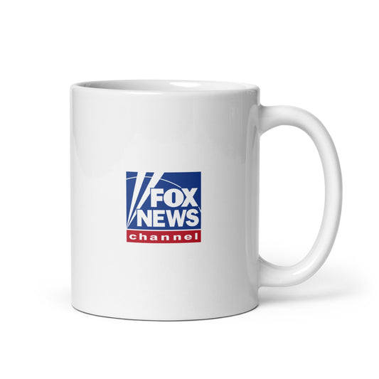 Close-up view of the high-quality *FOX News* logo and *Proud American* Dad design printed on a white ceramic coffee cup.