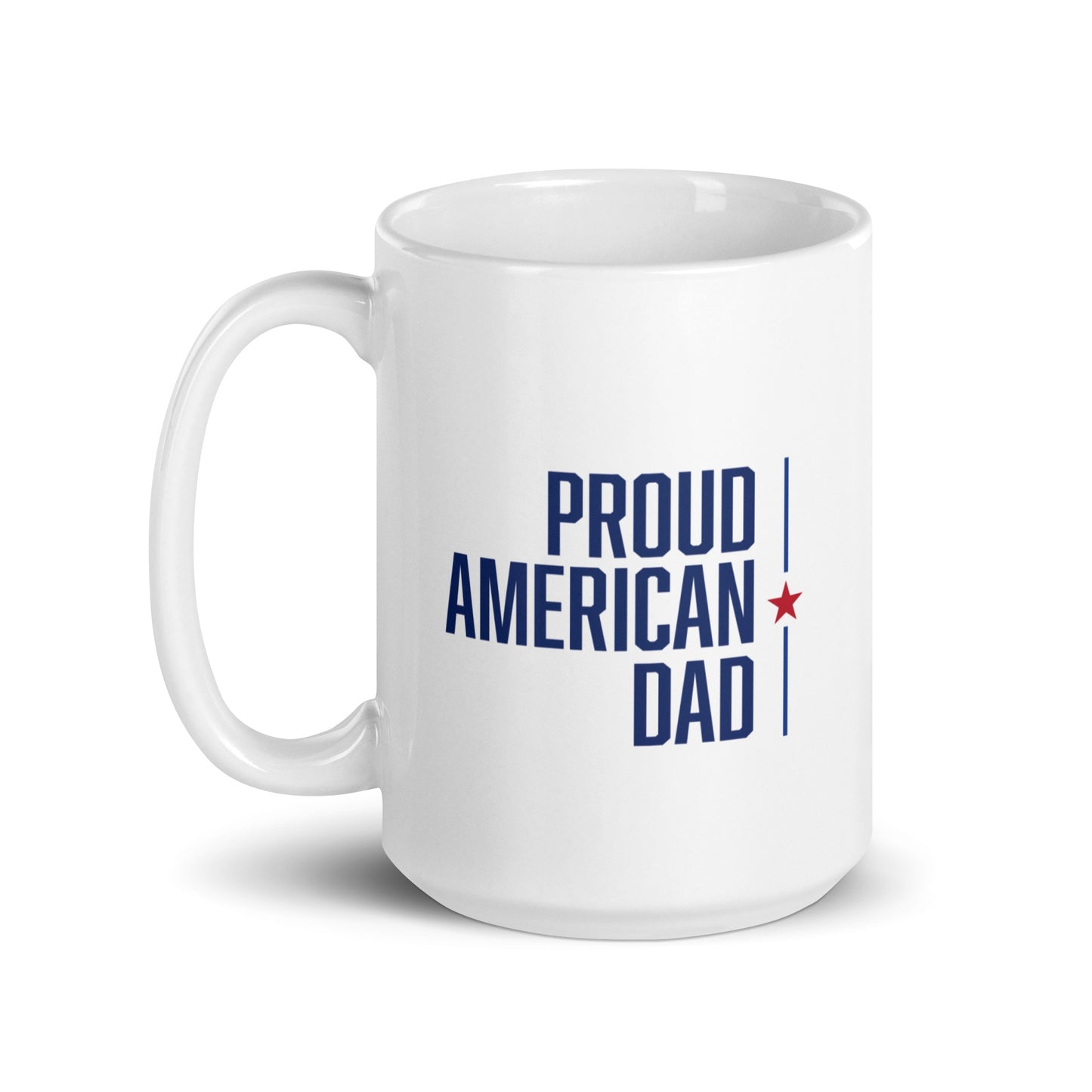 A father holding the *FOX News* *Proud American* Mug while relaxing in a comfortable suburban living room setting.