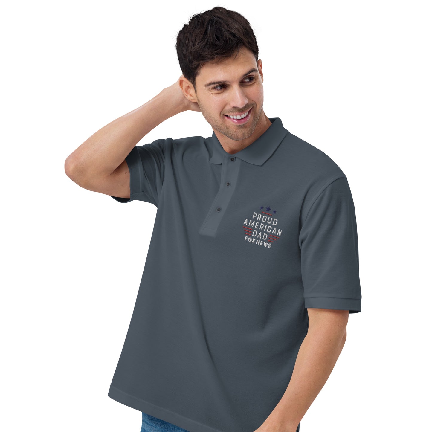 A clean product view of the FOX News polo shirt laid flat, emphasizing its classic collar and button placket design.