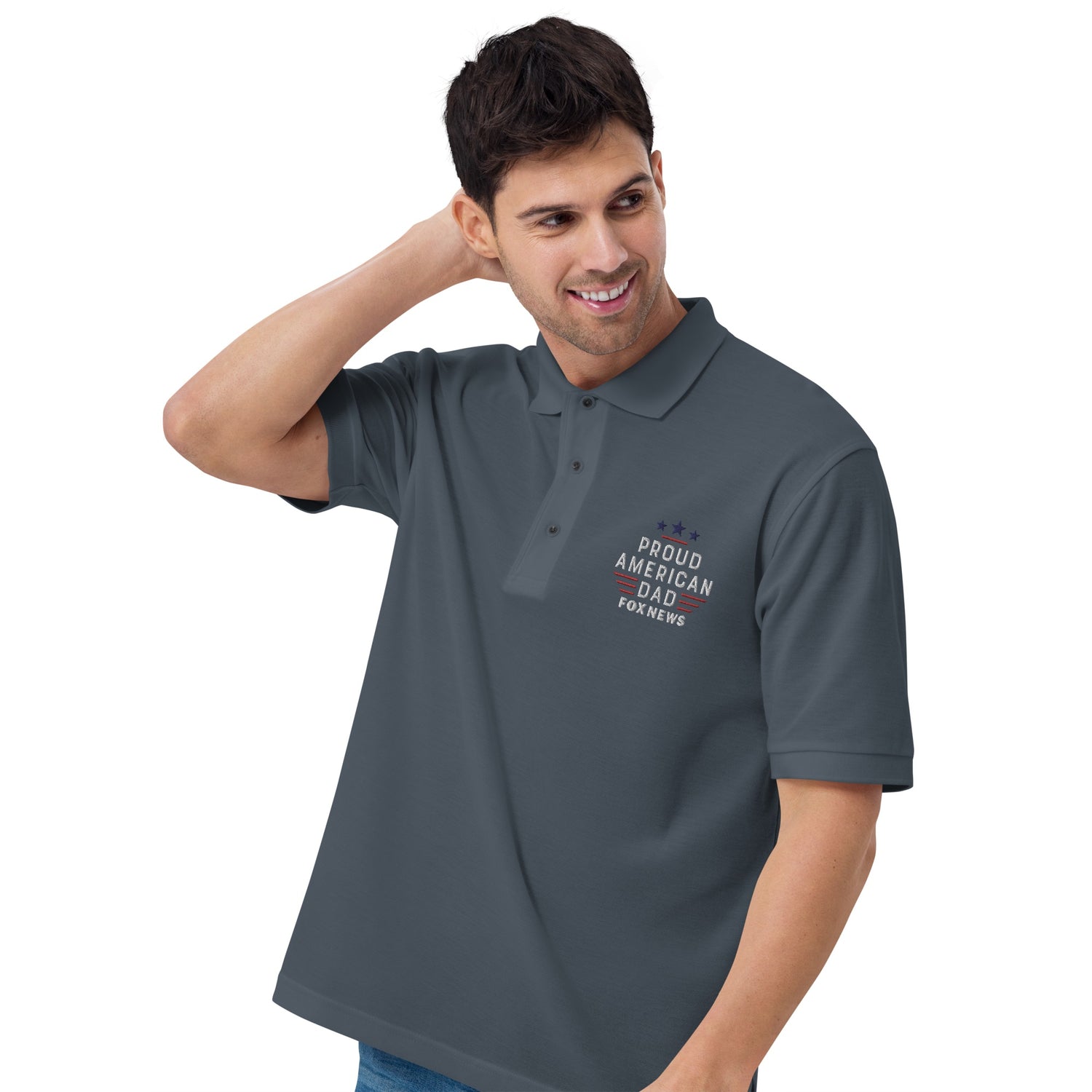 A clean product view of the FOX News polo shirt laid flat, emphasizing its classic collar and button placket design.