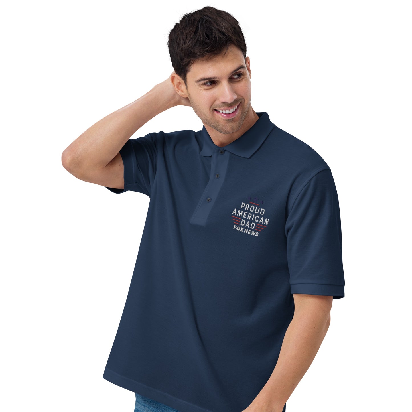 An organized wardrobe display highlighting the color options available for the FOX News Proud American Dad embroidered polo shirt.