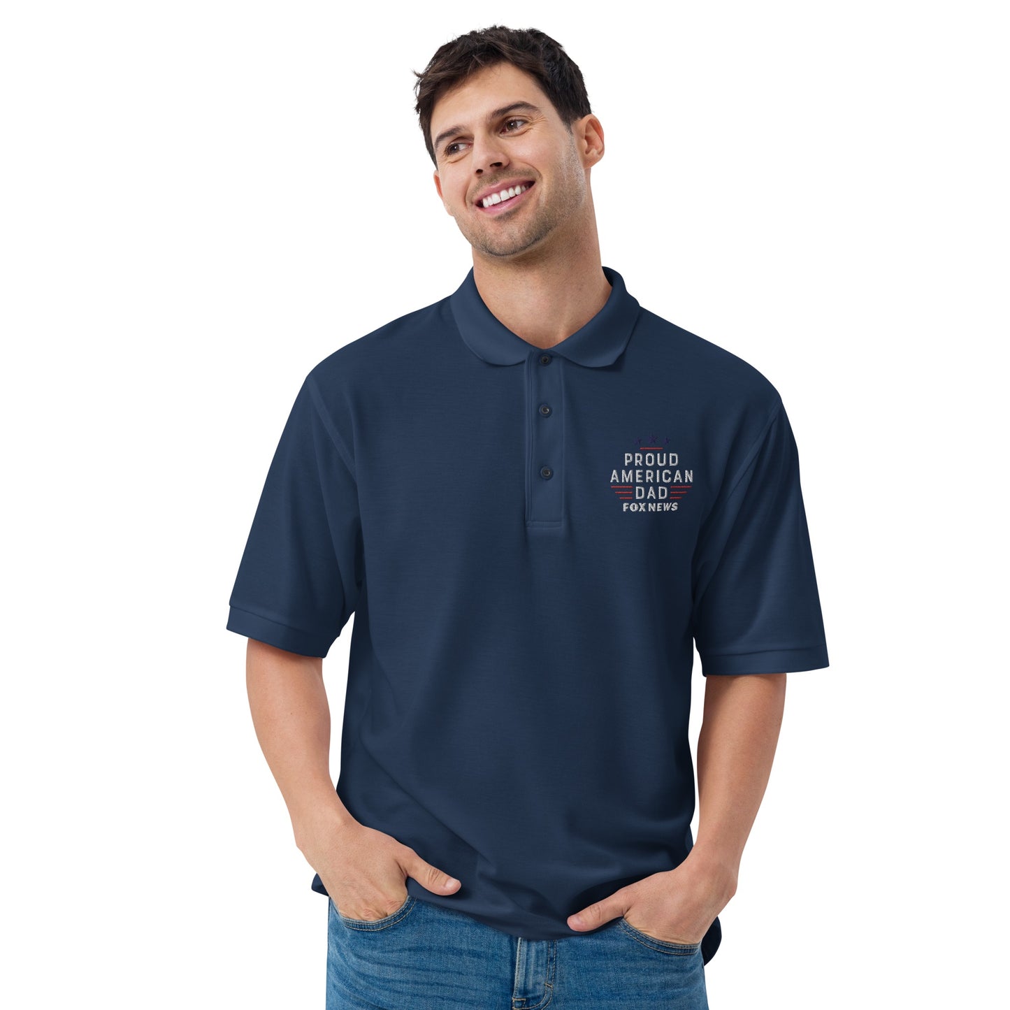 A close-up of the official FOX News branded neck label inside the polo shirt, confirming authenticity.